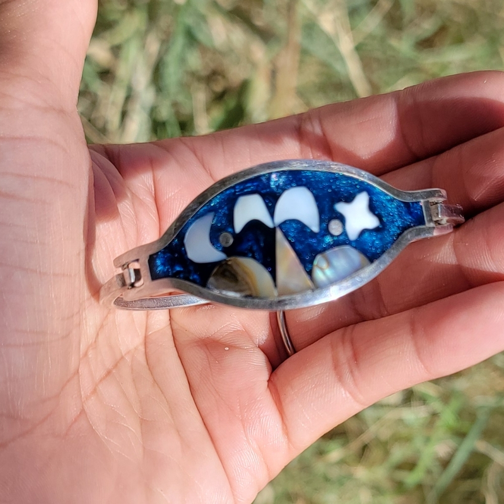 Vintage Mexican handmade mother of pearl, abalone, shimmering midnight blue